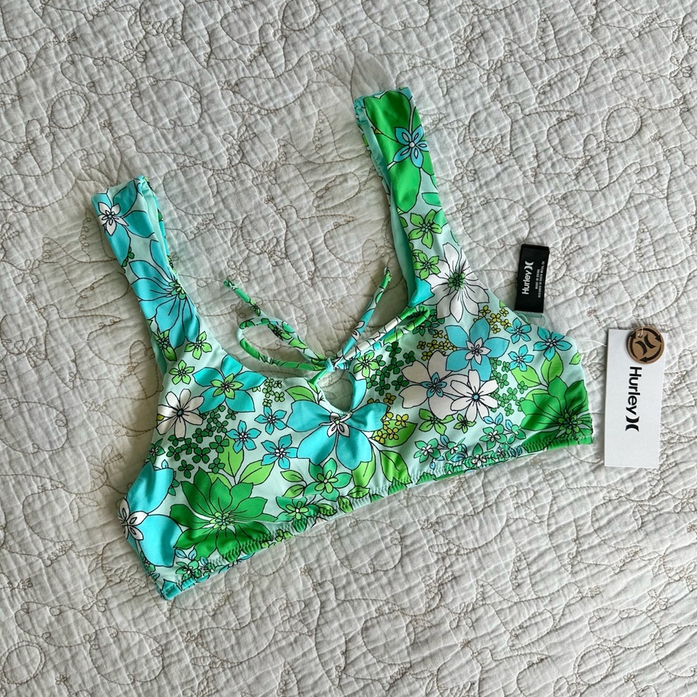 NWT Hurley Green and Blue Floral Bikini Top